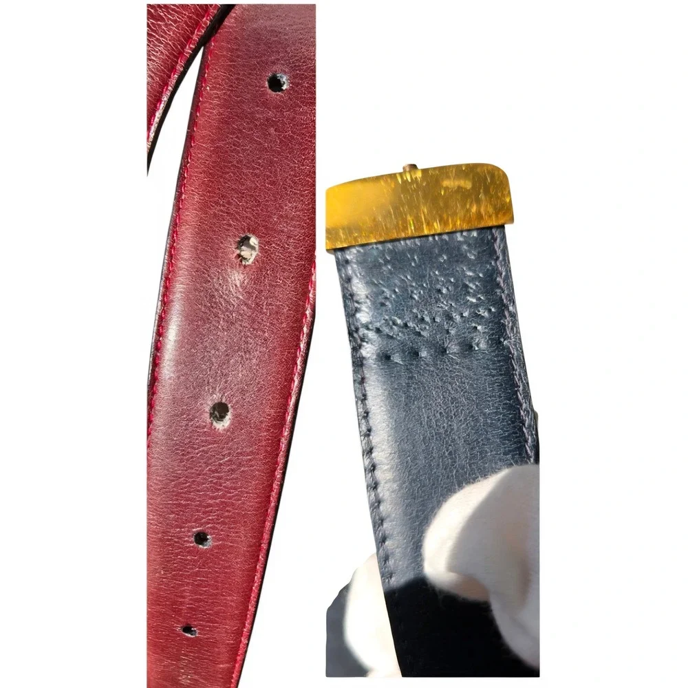 Vintage Gucci Burgundy & Navy Leather Belt 036-406-0042 w/ Naval Buckle GUC